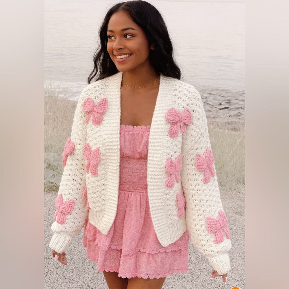 Pink Embellished Bows Lantern Sleeve Cardigan Love Shack Fancy Vibes 1XL